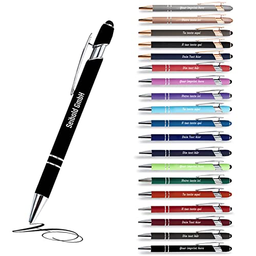 Personalisierter Stift 2 in 1 mit Ihrem eigenen Text, personalisierbar, hochwertig, 12 Stück, Schwarz (14 Farben erhältlich)