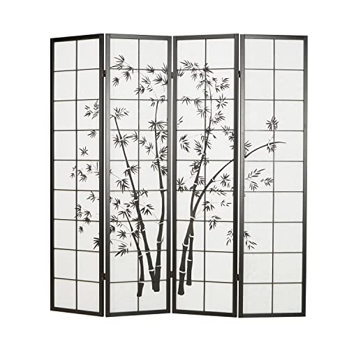 Homestyle4u 286, Paravent Raumteiler 4 teilig, Holz Schwarz, Reispapier Weiß Motiv Bambus, Höhe 179 cm