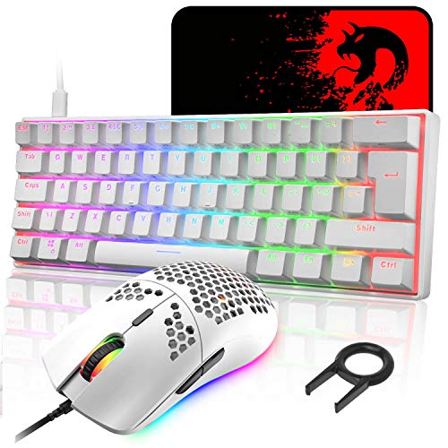 MK21 Gaming Tastatur und Maus Set, RGB 60% Mechanische Tastatur, 62 Tasten Wired Beleuchtung Gaming-Tastatur UK Layout + 6400 DPI Ultraleicht Gaming Maus + Mauspad für PS4, Xbox, PC - Weiß/Blue Switch