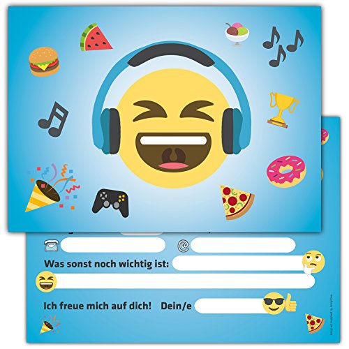 Einladungskarten Kindergeburtstag - Set mit 12 vorgeschriebenen Einladungskarten Smiley - Emoji Einladungskarten Kindergeburtstag Jungen Mädchen
