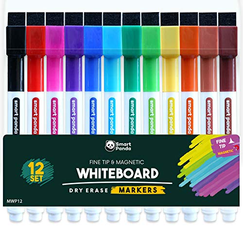 12 Whiteboard-Stifte mit dünner Spitze – Magnetische, Whiteboard-Marker mit feine Spitze und mit Löscher – Trocken abwischbare Marker, für Zuhause, Schule und Büro – 12er-Set mit verschiedenen Farben