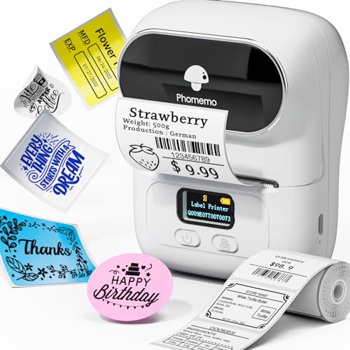 Phomemo M110 Etikettendrucker Selbstklebend Tragbarer Beschriftungsgerät Barcode Etikettendrucker Bluetooth Label printer für Adresse,Einzelhandel,Büro und kleine Unternehmen,für Telefonen & PC - Weiß