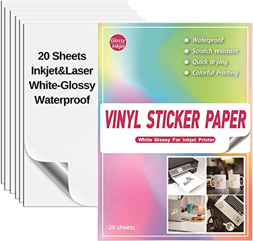 Sticker Papier zum Bedrucken A4 Glänzend Weiß, 20 Blätter SKYIOL VINYL Aufkleber Papier Wasserfest Bedruckbar für Tintenstrahldrucker Laser Drucker Inkjet Etiketten Papier Selbstklebend