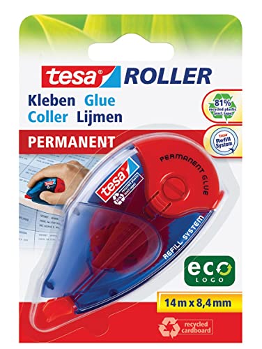 tesa Roller Kleben Permanent ecoLogo - Nachfüllbarer Kleberoller mit reißfestem Band & doppelseitigem Klebefilm - lösungsmittelfrei - 14 m x 8,4 mm