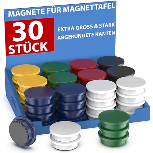 REORDA® Magnete für Magnettafel stark - 30x Starke Magnete für Whiteboard, Pinnwand, als Kühlschrank Magnete & Tafelmagnete stark haftend, Magnete rund - Bunt