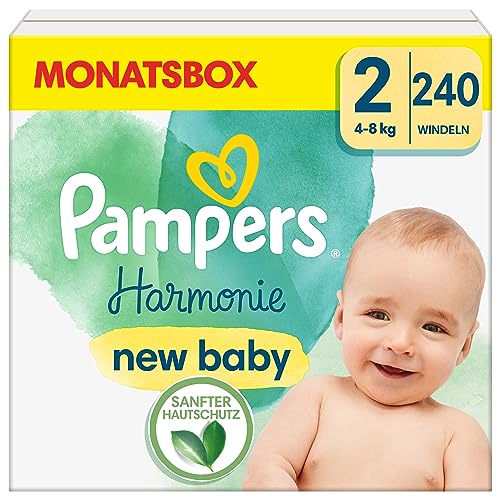 Pampers Baby Windeln Größe 2 (4-8 kg) Harmonie, HALBMONATSBOX, Sanfter Hautschutz Und Pflanzenbasierte Inhaltsstoffe, 240 Stück