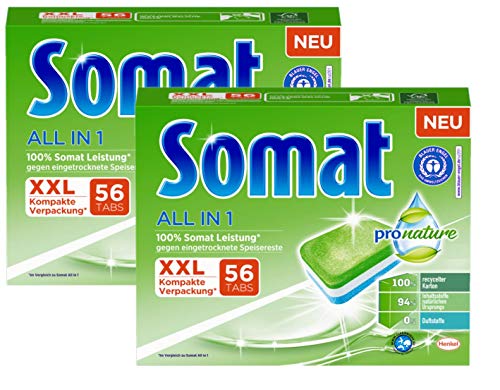Somat All in 1 Pro Nature Spülmaschinen-Tabs, 112 (2x56) Tabs, umweltfreundlich mit 100 Prozent Somat Leistung, mit wasserlöslicher Folie