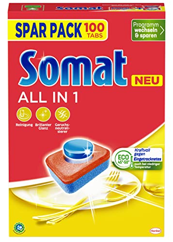 Somat All in 1 Spülmaschinen Tabs (100 Tabs), Geschirrspül Tabs für strahlende Sauberkeit auch bei niedrigen Temperaturen, kraftvoll gegen Eingetrocknetes