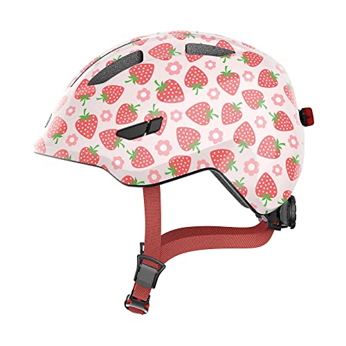 ABUS Kinderhelm Smiley 3.0 LED - Fahrradhelm mit Licht - tiefe Passform & Platz für einen Zopf - für Mädchen und Jungs - Rosa mit Erdbeer-Muster, Größe S, S (45-50 cm)