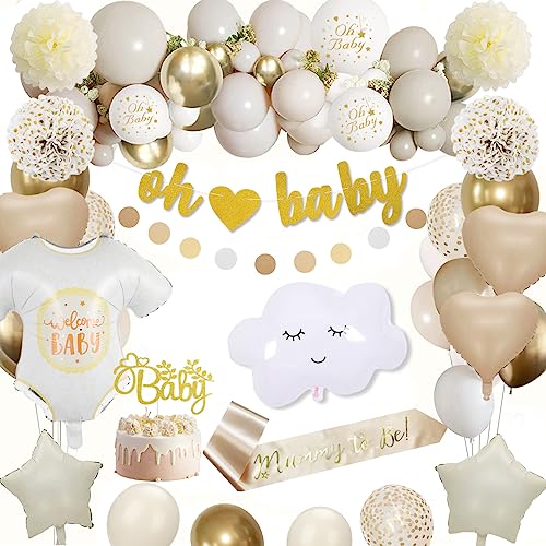 Babyparty Deko, Gold Baby Shower Deko für Jungen Mädchen Gold Weiße Luftballons Mummy to Be Schärpe Tortenaufsatz Banner für Babyparty Gender Reveal Party Dekorationen
