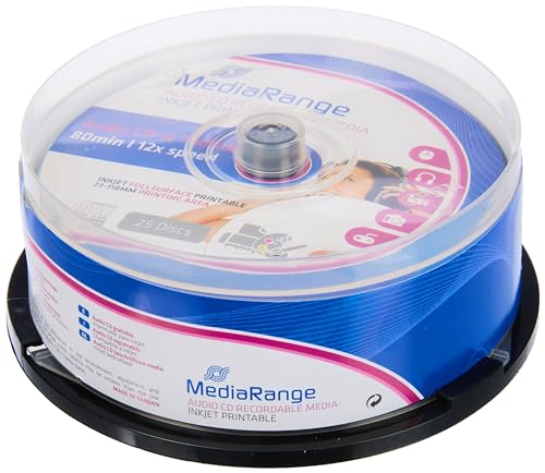 MediaRange Audio CD-R 700MB|80min 12-fache Schreibgeschwindigkeit, vollflächig bedruckbar (Tintenstrahldrucker), 25er Cakebox