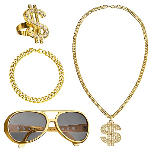 4 Stück Dollar Kette Set,Goldkette Herren,Zuhälter Kostüm, Rapper Goldkette Kostüm,Hiphop Kostüm Set,Dollar Zeichen Halskette Ringe Sonnenbrille Goldkette Fasching Karneval für 70er,80er,90er Jahre