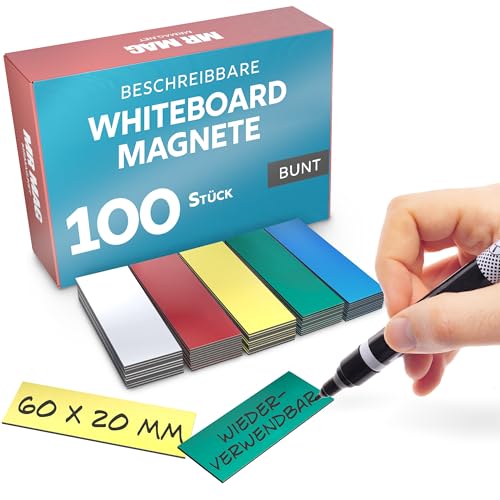 MrMag® 100 Magnetstreifen zum beschriften - bunt - Whiteboard Magnete 60x20mm - Magnet-Etiketten beschreibbar - beschreibbare Magnetschilder