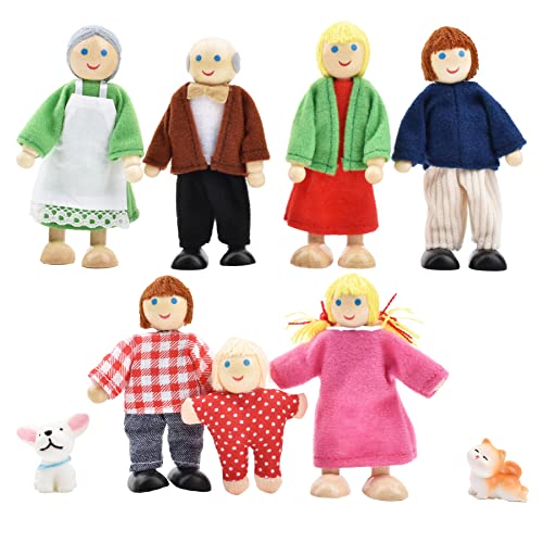 Hölzerne Puppenfamilie für Puppenhaus mit Katze und Hund, Puppenhaus Puppen Figuren Biegepuppen für Puppenhaus Zubehör Geschenk