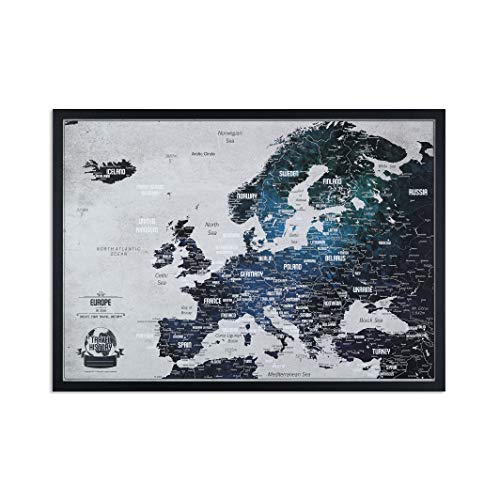 Europakarte Pinnwand mit pinen - Reisekarte mit bonus 100 Stecknadeln - Europa Pinnwand Kork - 53x3x43 cm - Gerahmte Landkarten mit Pinnadeln, Hergestellt in der EU, Die Karte ist gebrauchsfertig