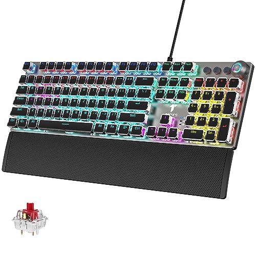 TECURS Gaming Tastatur Mechanische Tastatur mit Magnetischer Handballenauflage, Hintergrundbeleuchtung PC Schreibmaschine Tastatur LED, 104 Tasten, Roter Schalter, Media-Bedienknopf - Kompatibel mit