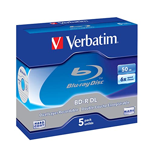 Verbatim BD-R Dual Layer Blu-ray Rohlinge 50 GB, Blu-ray-Disc mit 6-facher Schreibgeschwindigkeit, mit Kratzschutz, 5er-Pack Jewel Case, Blu-ray-Disks für Video- und Audiodateien