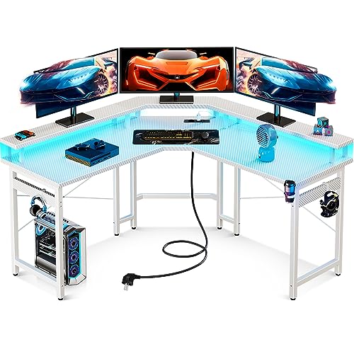 ODK Gaming Tisch mit LED, Gaming Schreibtisch mit 2 Steckdosen und 2 USB Ladeanschluss, PC Tisch Gaming mit großzügiger Monitorablage, Gamer Schreibtisch in Kohlefaser Weiß, 129x129 cm