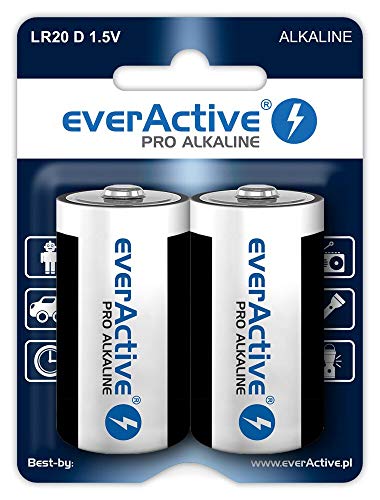 everActive D Batterien 2er Pack, Pro Alkaline, Mono LR20 R20 1.5V, höchster Leistung, 10 Jahre Haltbarkeit, 2 Stück – 1 Blisterkarte