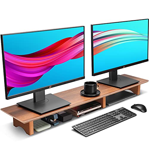 Aothia Großer Monitor-Ständer für Computerbildschirme,Holz-Riser mit nachhaltigen Korkblockbeinen für schwere Laptops/Computer/TV/PC,Perfekter Regal-Organizer für Büro/Zuhause(Walnuss, groß)