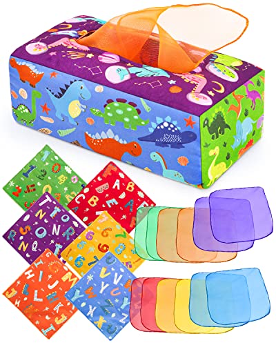 DINORUN Babyspielzeug Montessori Spielzeug, Sensorik Baby Dinosaurier Tissue Box, enthalten Farbiges Tuch Sensorisches ab 6 7 8 9 10 Monate Mädchen Junge