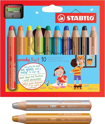 Buntstift, Wasserfarbe & Wachsmalkreide - STABILO woody 3 in 1 - 10er Pack mit Spitzer & silber, gold