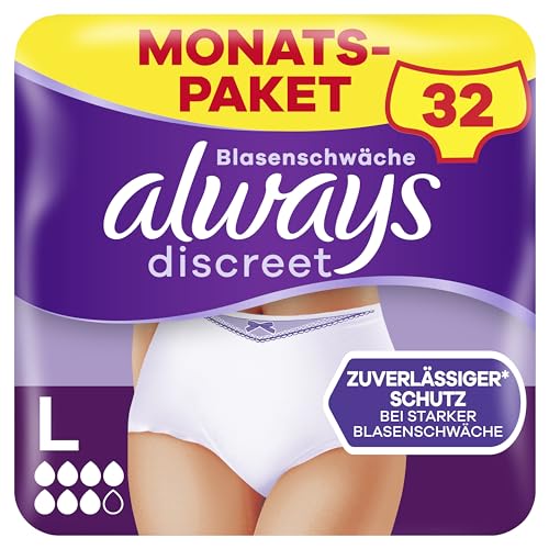 Always Discreet Inkontinenz und Wochenbett Inkontinenz Pants Gr. L, Plus, 32 Höschen, (4 x 8 Stück) für Damen, Monatspaket, schliesst Gerüche und Flüssigkeit sofort ein