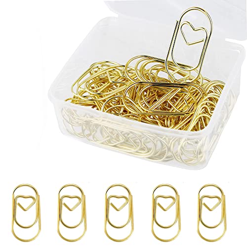 luckaide Büroklammern Gold Herz Büroklammern Set mit Transparentbox Büroklammer Oval Motiv für Büro, Klassenzimmer, Aktenklammer 60 Stück