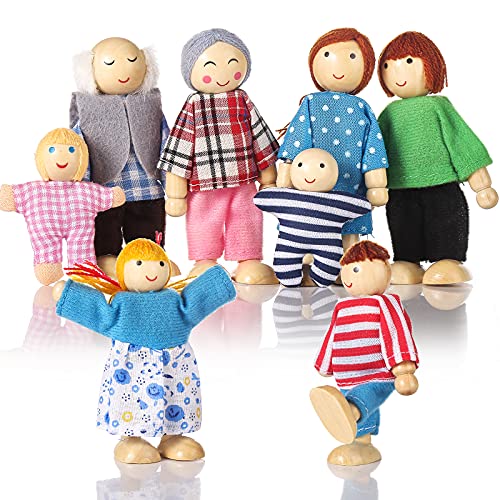 Jzszera Biegepuppen Puppenhaus Puppen 8 Personen Puppenfamilie für Puppenhaus, Familie Puppen für puppenhaus Holz Kinder Spielzeug Minipuppen Zubehör Biegepüppchen für Puppenstube