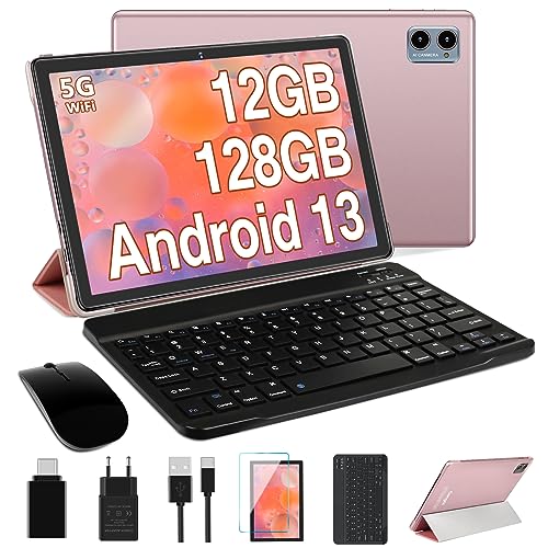 Oangcc 2024 Neueste Tablet 10 Zoll Android 13 OS, 12GB RAM +128GB ROM(TF 1TB), 5G+2.4G WLAN | 2.0 Ghz 8 Core | 5+8MP | BT 5.0 | AGPS | 6000mAh | Widgets | GMS Certified Tablets mit Tastatur-Roségold