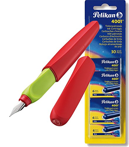 Pelikan 923581 Füllhalter Twist (Universel für Rechts- und Links händer) rot/grün + Tintenpatronen Reserve 5x 6Stück