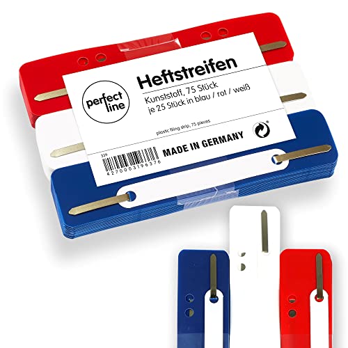 perfect line • 75 Heftstreifen PP (3x25), recycelbarer Kunststoff, MADE IN GERMANY (Rot, Blau, Weiß)